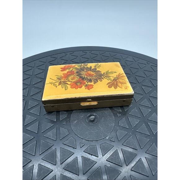 Vintage Pill Bar Box Fall Trees Bird With Bottles Gold Metal - Picture 1 of 9